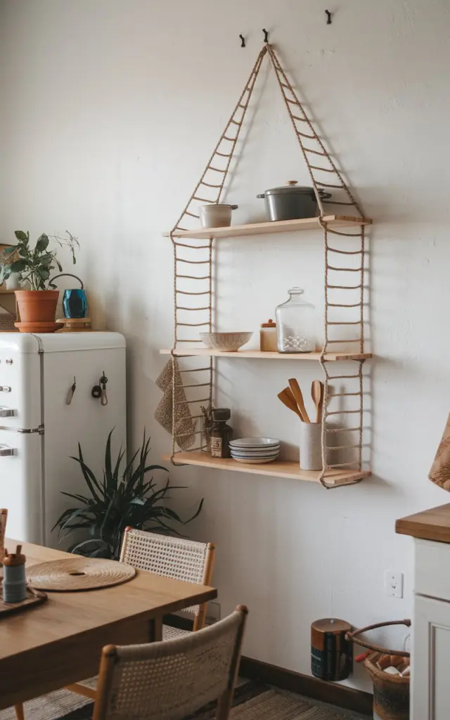 A photo of a boho-style kitchen with a hanging rope ladder shelf on the wall. The shelf holds various kitchen items, including a gray pot, a white bowl, a glass jar, and a wooden spatula. The wall behind the shelf has a few nails. The kitchen is fully furnished, with a white refrigerator, a wooden table, and a few chairs. There is a potted plant near the refrigerator. The floor is covered with a rug.