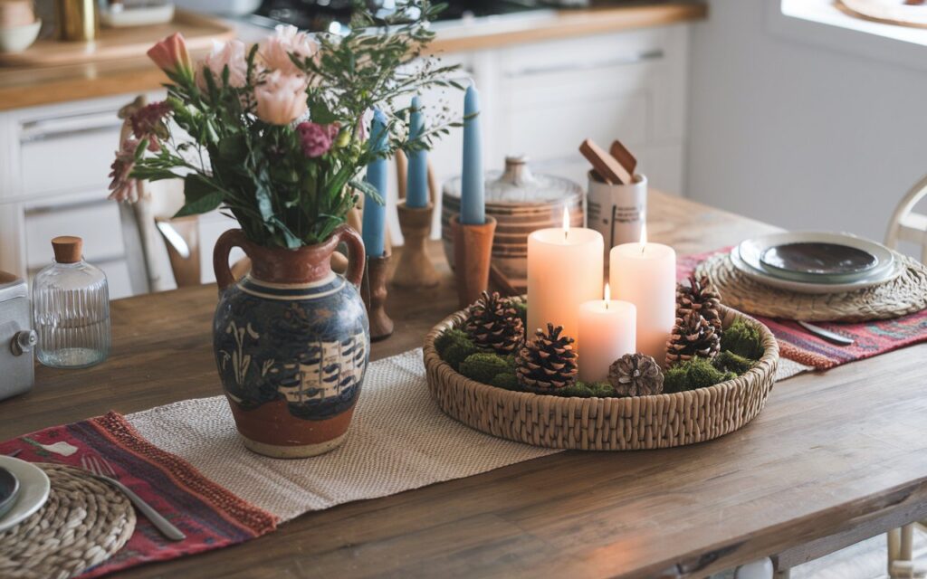 A photo of a boho kitchen with a dining table. The table has a vintage ceramic vase with fresh flowers, 2-3 candles, moss, and pinecones, all placed in a seagrass basket and used as the centerpiece. There is a bold patterned table runner above a woven runner. The table has other essential and functional items. The table is placed strategically inside the kitchen. The lighting is soft, filtered natural light.