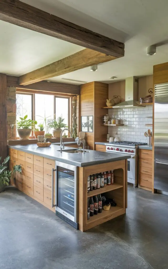 A photo of a modern rustic U-shaped kitchen with a peninsula. The peninsula has a sink, a faucet, and a built-in ice maker and beverage center. There is a wooden beam above the peninsula. The kitchen has a concrete floor, wooden cabinets, and stainless steel appliances. There are potted plants near the window. The room has a rustic ambiance with a modern touch.