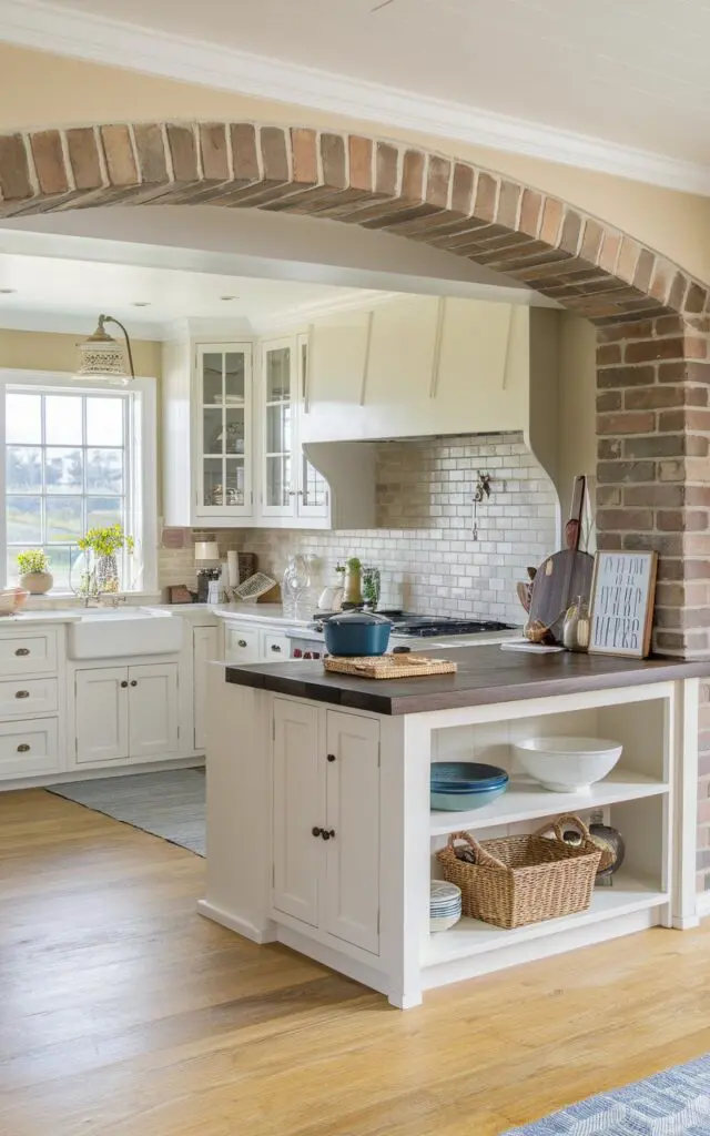 A photo of a coastal cottagecore U-shaped kitchen with a peninsula. The kitchen has white cabinets, a beige backsplash, and a dark wood island counter. There's a brick archway over the open part of the island. The floor is made of light wood planks. A few kitchen items, such as a pot, a basket, and a sign, are placed on the counter. The background contains a window with a view of the outside world.