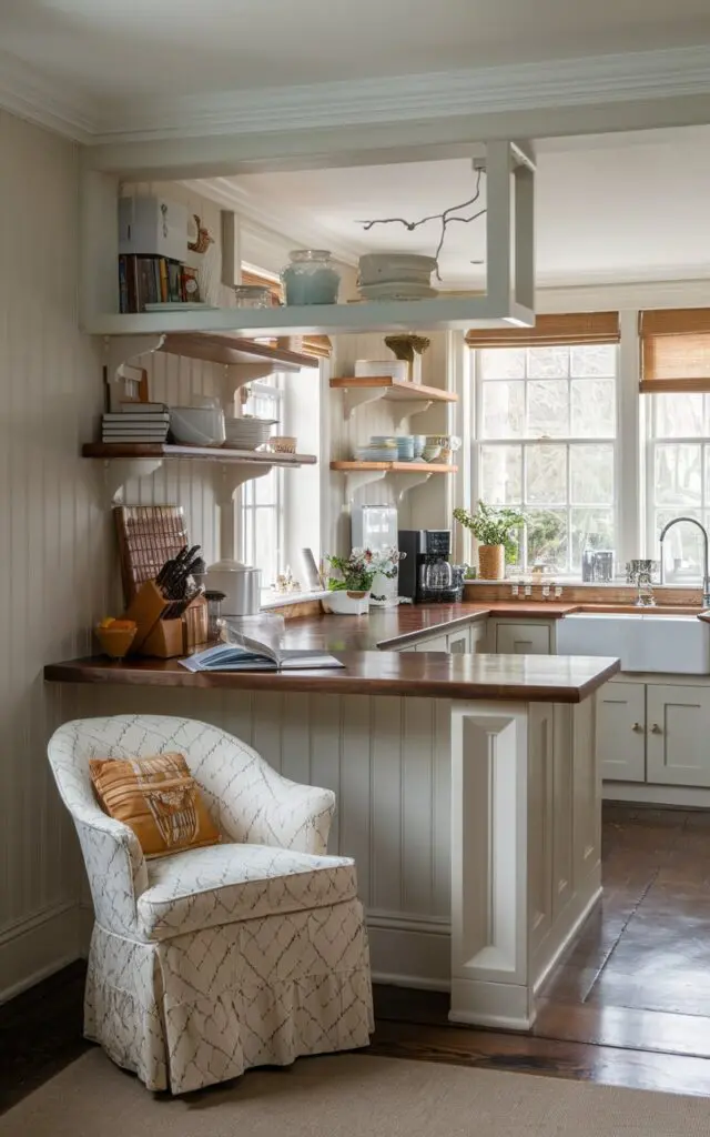 A photo of a cozy reading nook with a small chair near the peninsula of a U-shaped modern Victorian kitchen. The peninsula is a part of the U-shape layout. The kitchen is furnished and ergonomic.