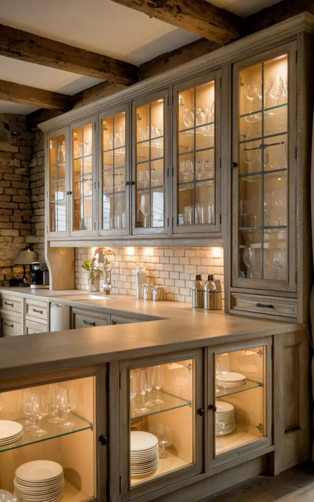 A photo of a French Country U-shaped kitchen with an extending peninsula. The peninsula has glass-front cabinets filled with glassware and cutlery. The cabinets have in-built LED lights. The kitchen has a rustic charm with wooden beams and a brick wall. The cabinets have a distressed finish. The overall lighting is warm and inviting.