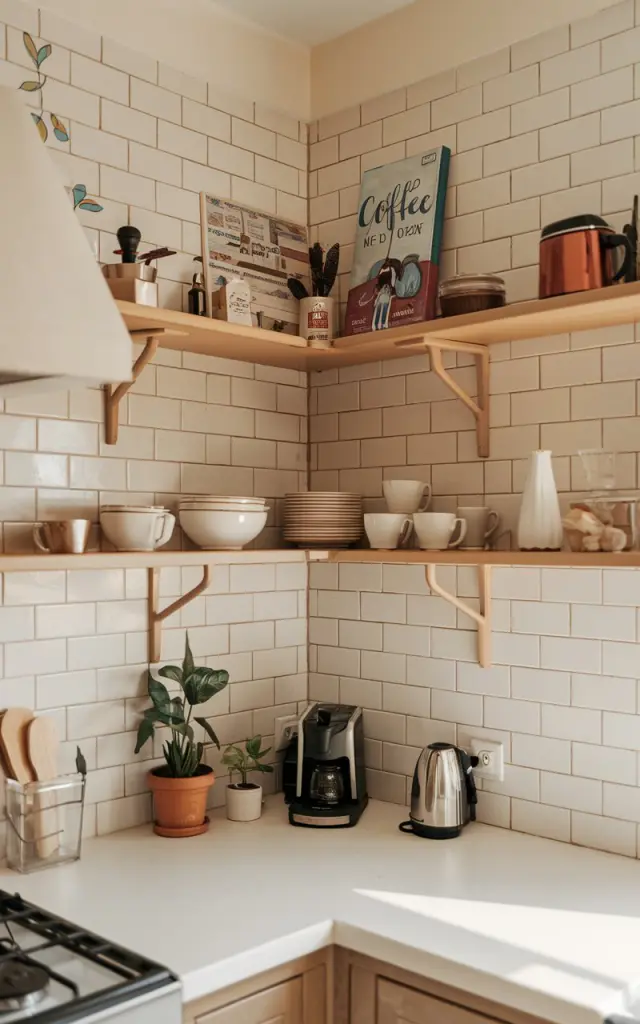A photo of a French country kitchen with a tiled backsplash and a hand-painted design. There are two-tier floating corner shelves filled with coffee supplies, a cookbook, small appliances, and a plant. The warm natural lighting illuminates the space.