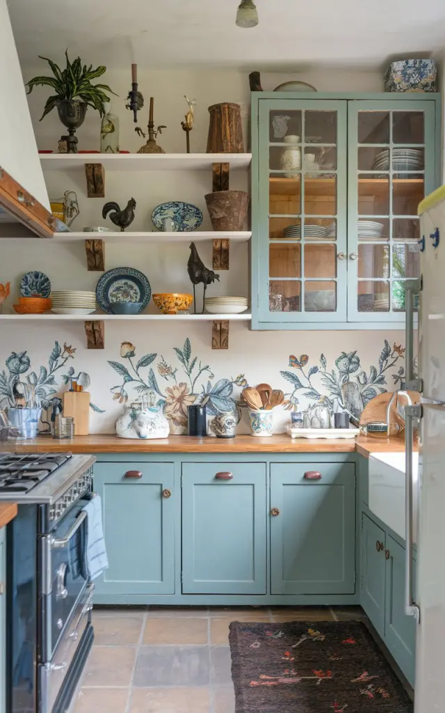 A photo of a French country kitchen with a few open shelves and glass-front cabinets. The open shelves hold a variety of decor items, a sculpture of a rooster, a plant, and a few dishes. The glass-front cabinets contain dishware and cutlery. The kitchen has a floral design backsplash. The room also contains a stove, a oven, a sink, and a refrigerator. The floor is tiled, and there's a rug near the sink.