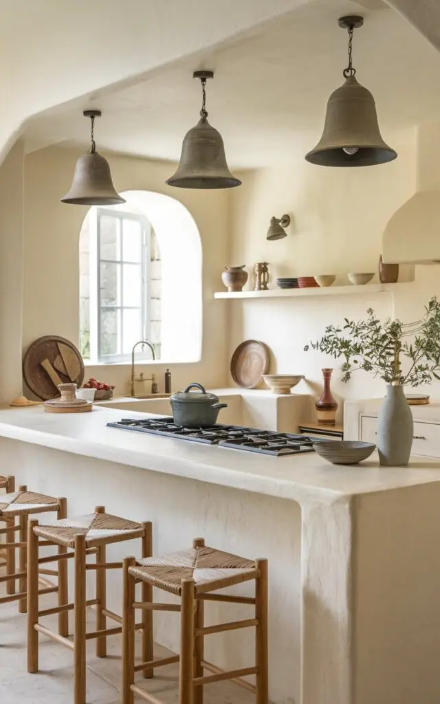 A photo of a Mediterranean U-shaped kitchen layout with a built-in cooktop. There is a vessel on the cooktop and other essentials placed nearby. The peninsula has bell-shaped pendant lights and stools for seating. The kitchen is fully furnished. The natural light is soft.