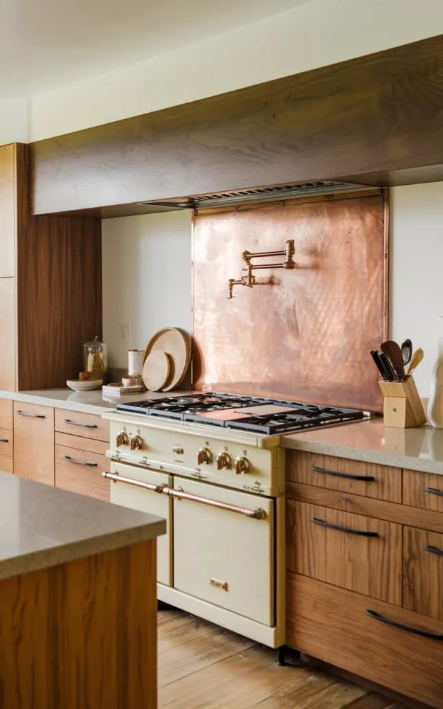 A mid-shot photo of a mid-century modern kitchen with a natural hickory cabinet and a crafted copper range backsplash. The countertop is made of neutral color quartz and is furnished with a few items. The lighting is soft and natural.