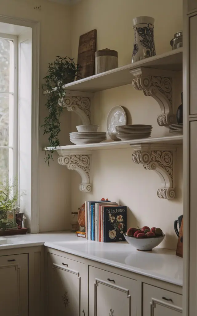 A photo of a French country kitchen with a traditional design. There are two tier open shelves with sleek, decorative molding. The shelves hold dishware, cookbooks, a plant, and other items. The room has natural lighting that is soft and filtered. The close-up shot of the decorative molding reveals intricate details and craftsmanship.
