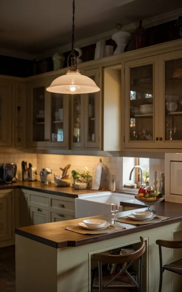 A photo of a classical/traditional U-shaped kitchen with a extending peninsula and seating area. There is a vintage-style pendant light above the peninsula. The kitchen has a warm light from the pendant light. The background is dark.