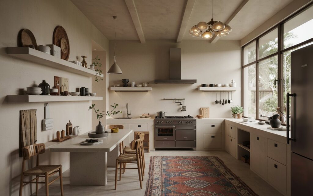 A photograph of a contemporary Mediterranean kitchen with a few open shelves displaying dishes, decor, and a small plant. The kitchen features a dining space with a sleek wooden table and chairs, modern cooking essentials, and stainless steel appliances. The ceiling is adorned with designer wallpaper and a modern chandelier that casts a warm glow, while a colorful rug lies on the floor. Natural light filters through large windows, creating a serene and inviting atmosphere.