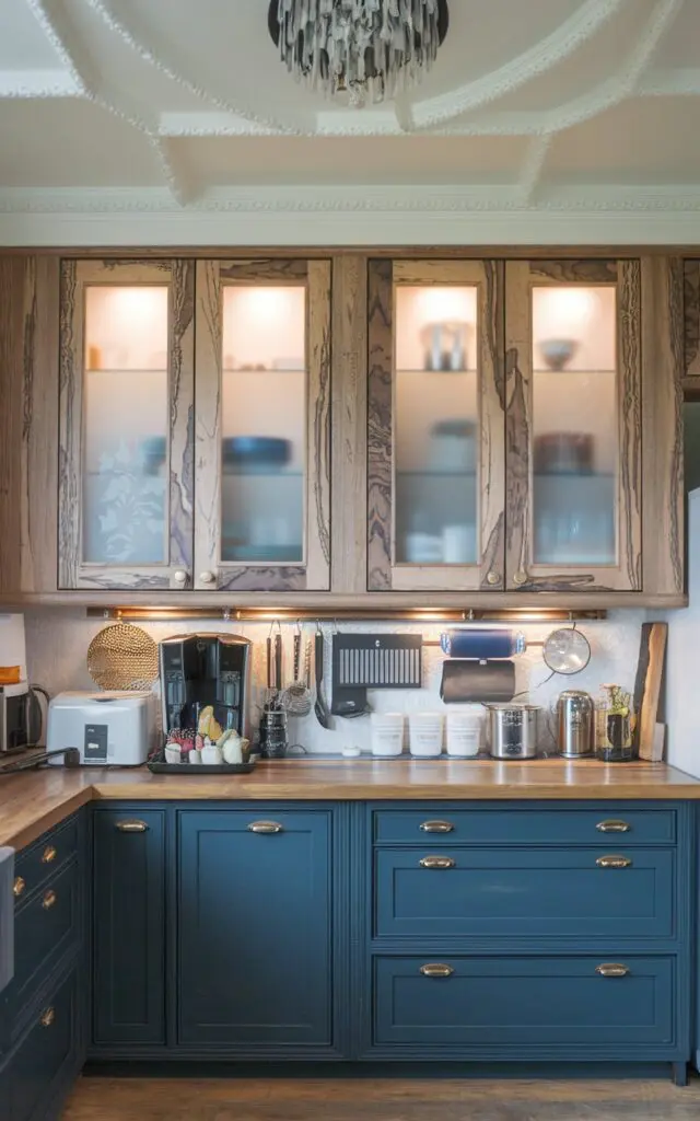 A photo of a chic kitchen with two-tone cabinets. The lower cabinets are in dark blue color and the upper cabinets are made of natural hickory wood with grains. The upper cabinets have frosted glass panel and LED lighting. The kitchen has a variety of appliances and essentials. The ceiling is detailed with a chandelier. The natural light is soft and filtered.