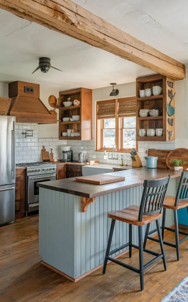 A photo of a Southwestern style kitchen in a farmhouse with a U-shaped layout and an extending countertop (peninsula). The peninsula has shiplap paneling and is made of a different material and color than the body of the kitchen. The kitchen is fully furnished, with appliances and storage. There are cabinets, a stove, a refrigerator, and a sink. The countertop has a cutting board and a knife. The floor is made of wood.