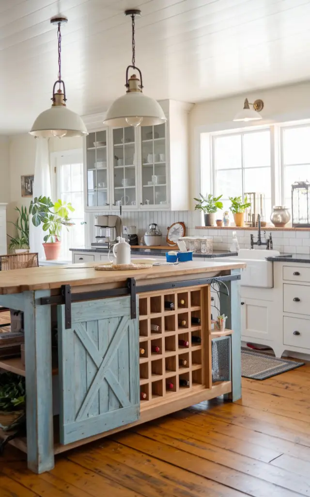 A photo of a farmhouse kitchen with an antique island. The island has a sliding barn door that hides a wine rack. The island also has a sink and other essentials. Farmhouse style pendant lights hang above the island. The kitchen has a wooden floor and white cabinets. There are plants near the window.