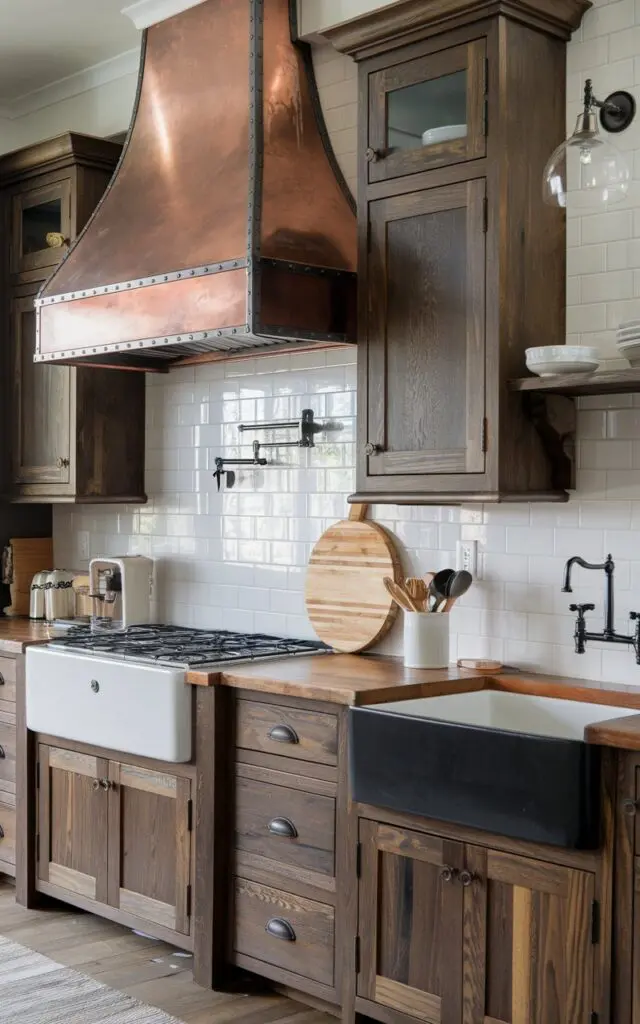 A photo of a farmhouse kitchen with dark brown natural hickory cabinets. There's a farmhouse-style range hood with a copper touch, which complements the cabinets. The kitchen has a white farmhouse sink and a black farmhouse apron front sink. There's a wooden cutting board on the counter and a few utensils beside it.