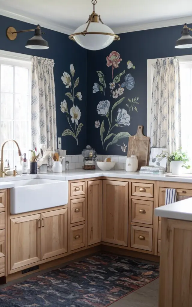 A photo of a farmhouse kitchen with natural hickory cabinets and navy blue walls. There are floral decals on the walls. Gold or brass accents are added for a modern touch. There is a farmhouse-style light fixture hanging from the ceiling. A rug is placed on the floor. The room is filled with natural light that filters through curtains.