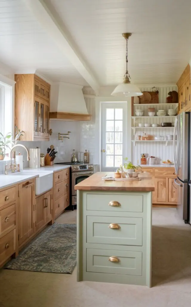 A photo of a farmhouse kitchen with natural hickory cabinets and a sage green island with brass hardware. The island has a warm white countertop. The kitchen is fully furnished, with a sink, stove, refrigerator, and other appliances. There is a pendant light hanging from the ceiling and a rug on the floor. The room is filled with soft, ambient natural light.