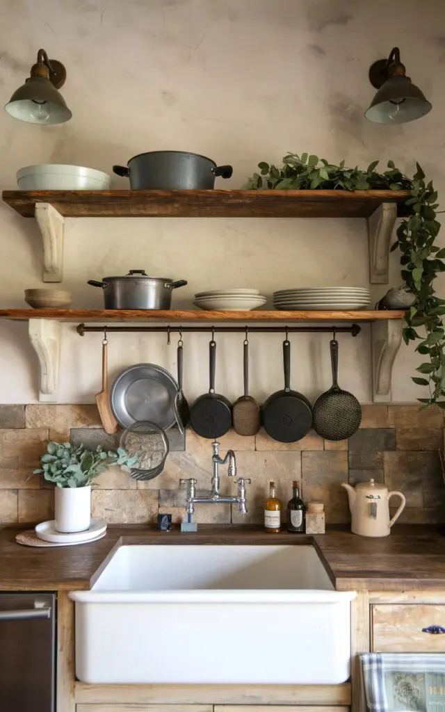 A photo of a rustic kitchen in a farmhouse. There is a reclaimed wood open shelf above the sink, holding metal pots and pans, greenery, and neutral dishware. The shelf is salvaged from an old barn or repurposed from furniture. The wall has a rustic-style backsplash with wall sconces. The overall ambiance is warm and inviting.