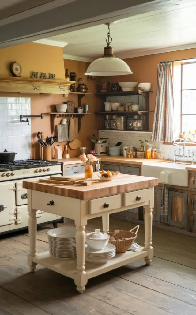 A photo of a fully furnished farmhouse kitchen with an island made from a repurposed farmhouse table. The kitchen has an antique touch, with wooden cabinets, a vintage stove, and a cast-iron sink. The island has a butcher block top. There are various cooking utensils and ingredients on the countertops. The room has a warm, earthy color palette. Natural lighting filters through curtains near a window.