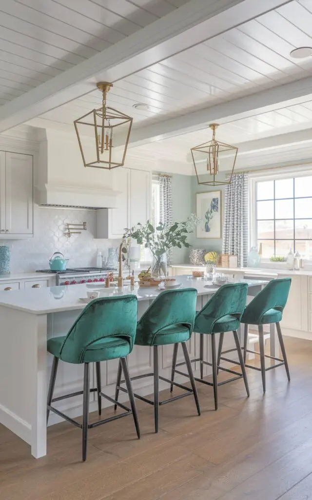 A photo of a fully-furnished girl kitchen with an island. The island has velvet bar stools in emerald or sapphire color. The kitchen has coastal and farmhouse accents in the ceiling, lights, and flooring. There is a window with natural light that is soft and filtered.