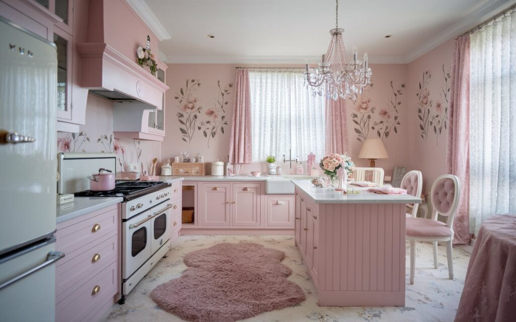 A photo of a girly chic kitchen with a neutral and soft pink color scheme. The kitchen is fully furnished, with a stove, oven, refrigerator, and sink. There is a feminine chandelier hanging above the island. The walls have floral decals, and there are lace-trimmed curtains. The floor has a patterned, fluffy rug. The lighting is soft and ambient. The kitchen is both practical and aesthetic.
