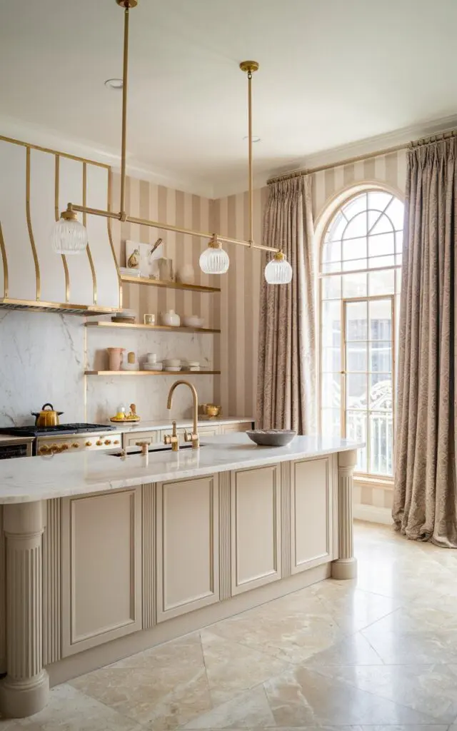 A photo of a fully-furnished girly glam kitchen in neutral tones with gold accents in the backsplash, light fixtures, and curtains. The kitchen has a marble countertop, gold faucet, and stainless steel appliances. There is a golden light fixture hanging over the kitchen island. The walls have a beige and white striped pattern. The floor has a beige tile pattern. The room has a large window with a gold frame, allowing natural light to filter in.
