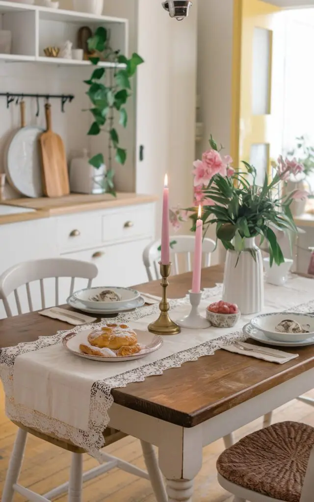 A photo of a fully-furnished French country style kitchen with a girly touch. There's a wooden dining table with a lace table runner and essentials such as a candle, a vase with flowers, and a plate with a pastry. The table has lace trim details on the runner. The background contains a white cabinet, a green plant, and a yellow door.