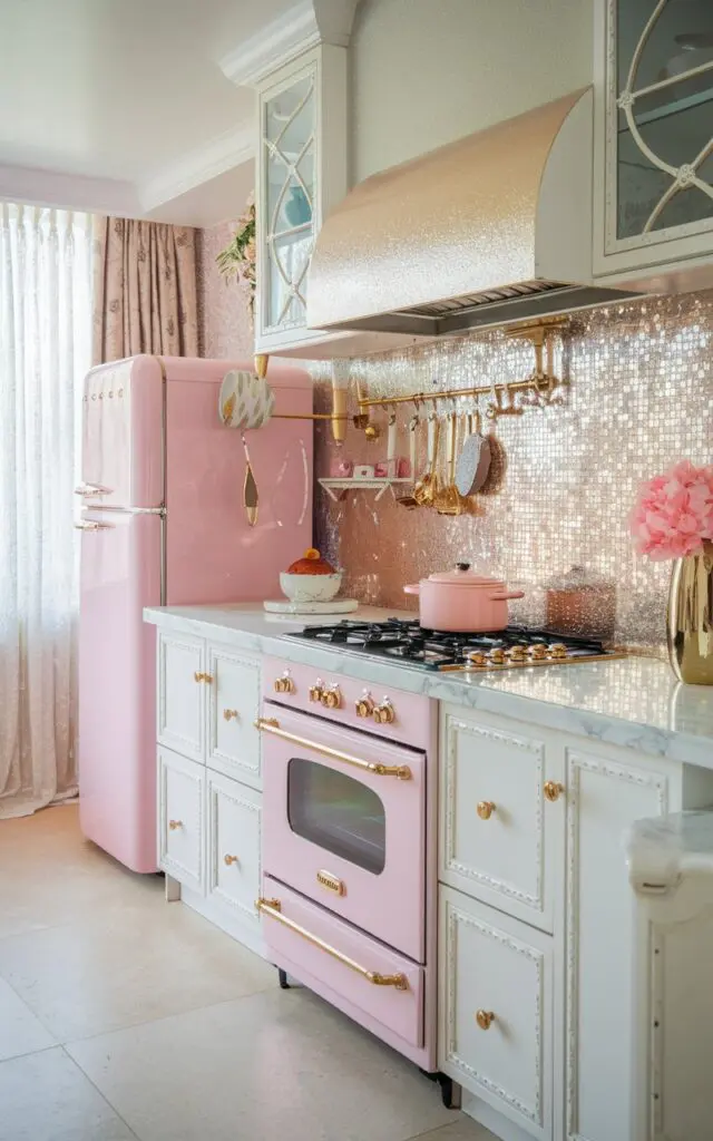 A photo of a fully furnished girly kitchen in glam style with a shimmery backsplash. The kitchen has a white cabinet, a marble countertop, and a gold hardware. There is a pink oven and a pink refrigerator. On the countertop, there are a few items, including a white pot, a pink dish, and a gold vase with a pink flower. The floor is covered with beige tiles. The background has a window with curtains.