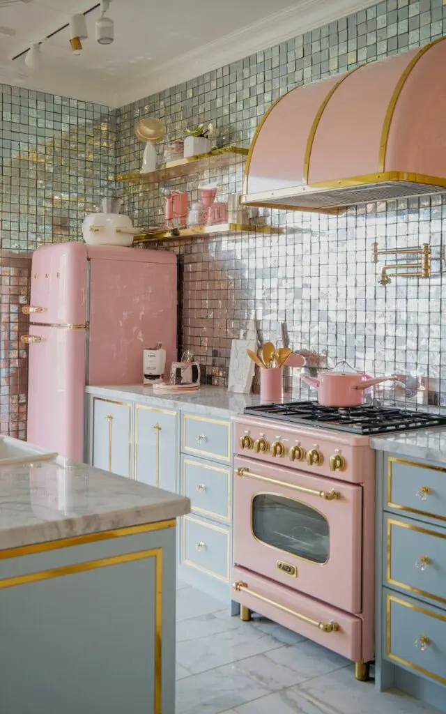 A photo of a fully furnished girly kitchen in a glam style. The kitchen has a shimmery backsplash with gold and silver tiles. There is a pink refrigerator with gold accents and a pink oven with gold knobs. The countertops are made of marble. There is a gold faucet above the sink. The cabinets are painted in a light blue colour and have gold hardware. The floors are made of white tiles. There are various kitchen appliances and utensils placed around the kitchen. The lighting is bright.
