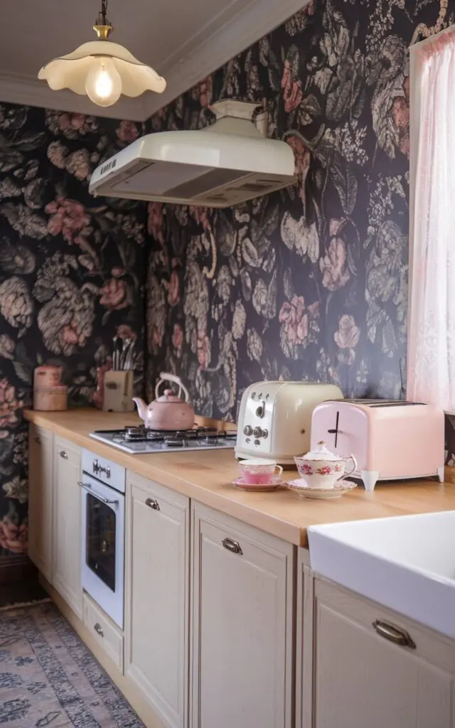 A mid-shot straight angle view of a fully furnished shabby chic and girly kitchen with vintage-inspired dark floral wallpaper. The kitchen has a light wood countertop and cabinets. There's a vintage-style light fixture hanging from the ceiling. On the countertop, there's a white kettle, a pink and white teapot, and a pink and white teacup. There's a vintage-style toaster next to the kettle. The floor is covered with a patterned rug. The background contains a window with a curtain.