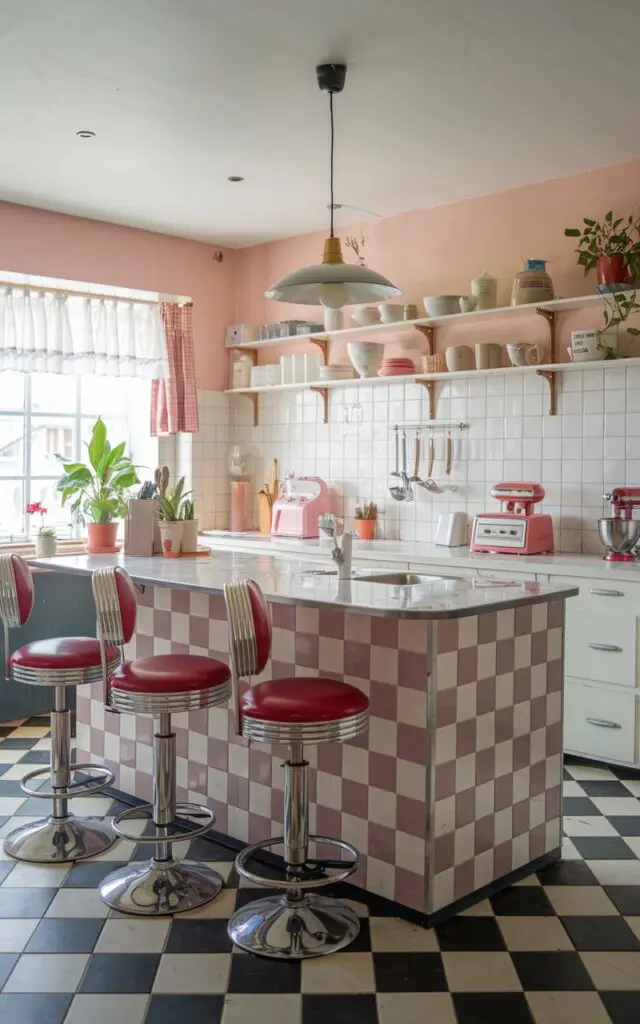 A photo of a girly retro kitchen with a checkered floor and an island with diner-style barstools. The kitchen is fully furnished with retro-style toasters, mixers, and kettles. There is a pendant light hanging over the island. The kitchen has a few potted plants. The overall ambiance is warm and inviting.