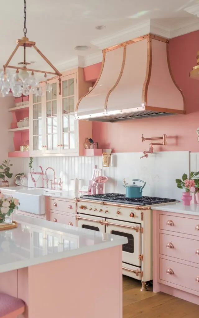 A photo of a cottagecore-style kitchen with a girly aesthetic. The kitchen is painted in soft pastels, whites, and deep jewel tones. There are rose gold accents on the faucet, range hood, and light fixture. The kitchen is fully furnished and has a full view. The natural light is warm and soft.