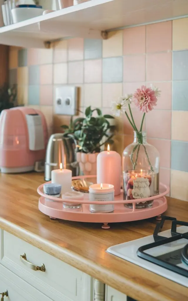 A mid-shot photo of a girly kitchen countertop with a lazy susan. The lazy susan holds kitchen essentials, scented candles, a flower vase, and a plant. The countertop has a warm wood finish and a pastel backsplash. There are kitchen appliances and essentials placed on the countertop.