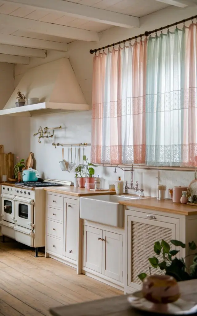 A photo of a farmhouse-style kitchen with a girly touch. The kitchen has a neutral color palette of white, beige, and wood. There are pastel-colored sheer curtains with lace trim/details above the sink. The curtains filter the natural light. The kitchen has a stove, a sink, and a wooden cabinet. There is a potted plant near the sink. The floor is made of wood.