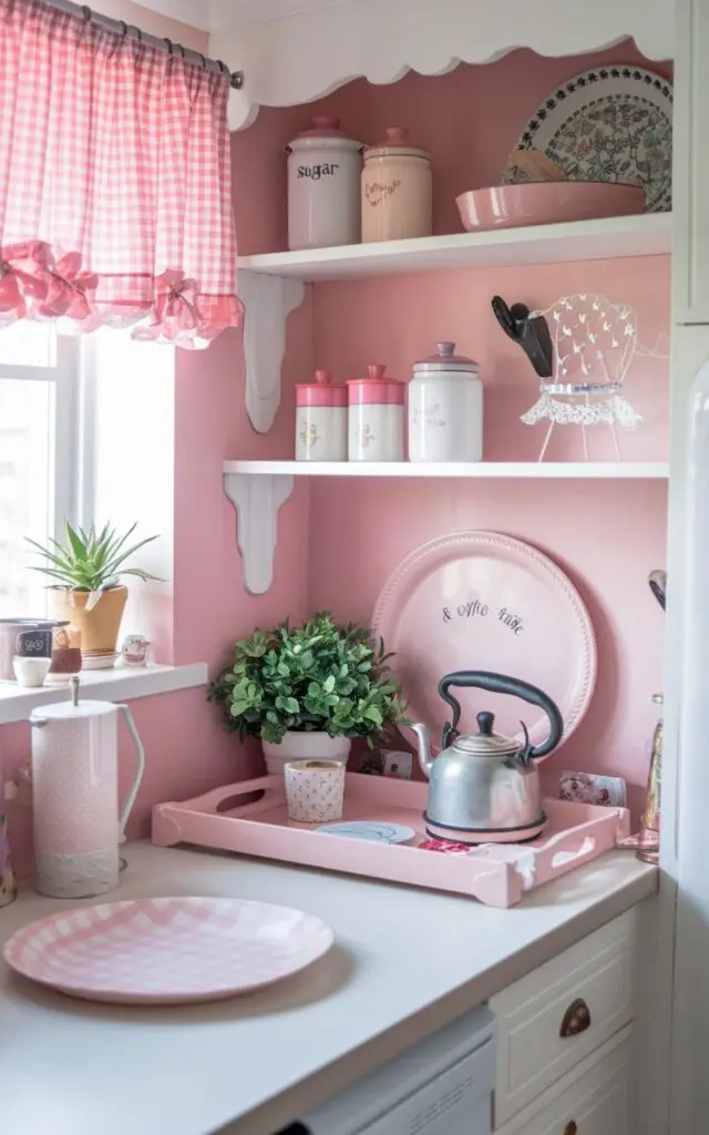 A photo of a girly kitchen with a separate coffee station. On the coffee station, there are cute jars for sugar, a cozy tray, a vintage kettle, and a mini plant. The kitchen has a pink wall and a white cabinet. There is a pink and white checked curtain. On the counter, there is a pink and white checked plate. The kitchen is both functional and adorable.