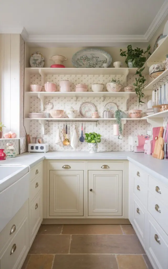 An eye-level shot photo of a girly kitchen with white and pink tones. The kitchen features open shelving, displaying pretty dishware, decor, and a plant. There is a cute backsplash with a floral pattern. The overall design has an English Countryside touch.