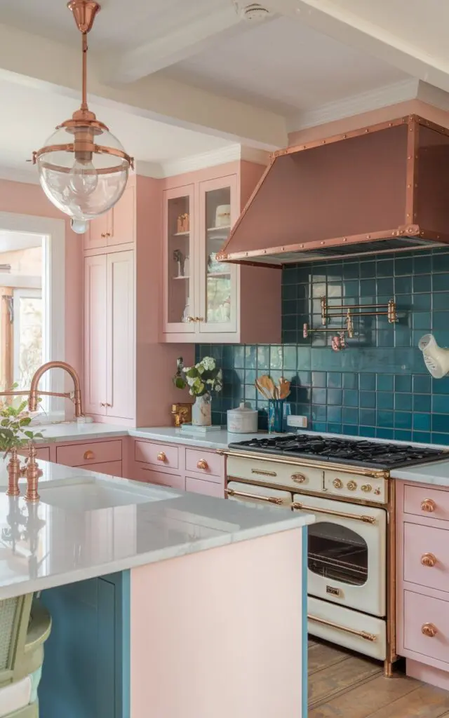 A photo of a cottagecore style kitchen with a girly aesthetic. The kitchen has a rose gold faucet, rangehood, and light fixture. The kitchen is furnished with pastel pink and blue cabinets, a white island, and a deep teal backsplash. There is a vintage stove and a marble countertop. The room has soft natural light.