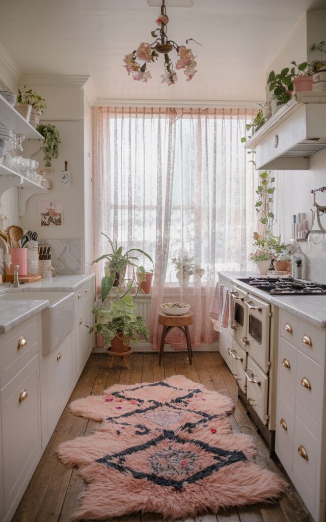 A photo of a girly kitchen in a cottagecore style. There's a fluffy girly rug with floral and geometric patterns on a wooden floor. A floral chandelier hangs from the ceiling. The kitchen has white cabinets, a marble countertop, and a vintage stove. There are potted plants and a wooden stool near the cabinets. Sheer curtains cover the window, allowing soft, filtered natural light to enter the room.