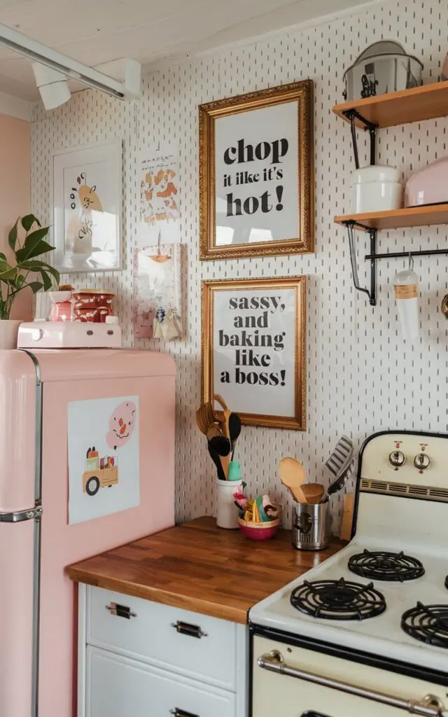 A photo of a retro-style girl's kitchen with a pegboard. The pegboard has gold-framed quotes: ""Chop it like it's hot!" and ""Sassy, classy, and baking like a boss!". There are cute illustrations and art on the wall. The kitchen has a pink refrigerator, a vintage stove, and a wooden countertop. There are also a few kitchen utensils and a plant. The overall image is warm and inviting.
