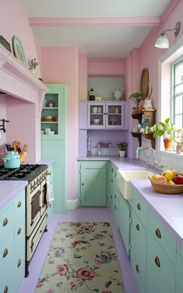 A photo of a cottagecore-style kitchen with soft pastel colors. The walls are painted in light pink, and there are mint green cabinets and a lavender countertop. The room has a vintage feel with its antique stove, pedestal sink, and wooden shelves. There's a floral rug on the floor and a potted plant near the window. A basket filled with fruits is placed on the countertop. The overall room has a warm, inviting atmosphere.