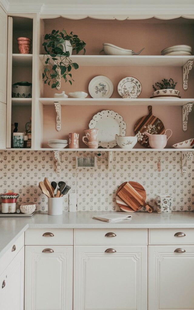 A photo of a girly kitchen with white cabinets and a neutral tone. There are a few open shelving units displaying pretty dishware, decor, and a plant. The kitchen has a cute backsplash with a floral pattern. There is a wooden cutting board and a few utensils on the counter. The overall ambiance is cozy and inviting.