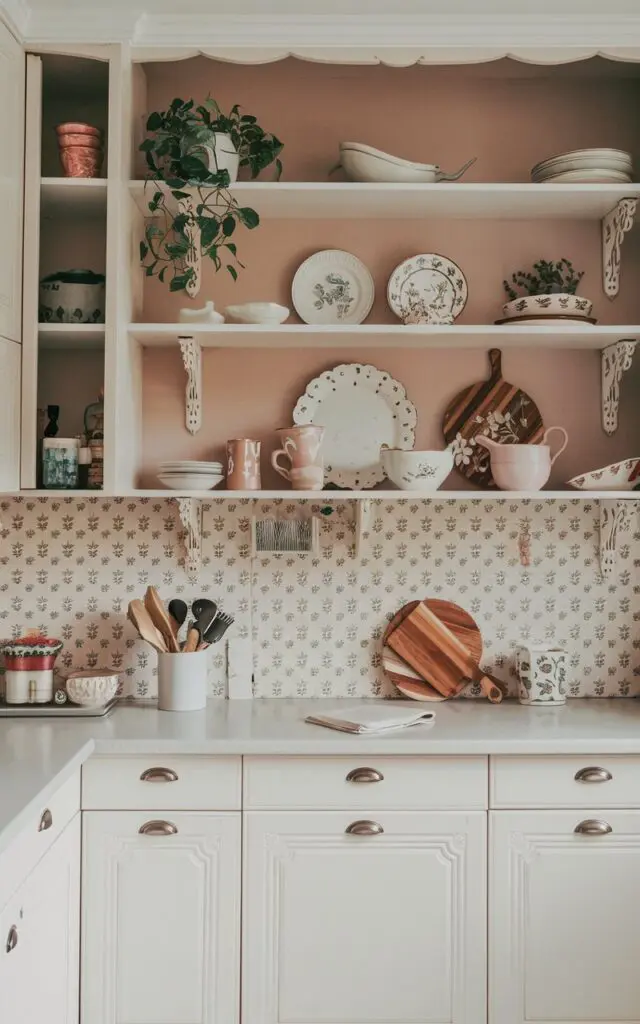 A photo of a girly kitchen with white cabinets and a neutral tone. There are a few open shelving units displaying pretty dishware, decor, and a plant. The kitchen has a cute backsplash with a floral pattern. There is a wooden cutting board and a few utensils on the counter. The overall ambiance is cozy and inviting.