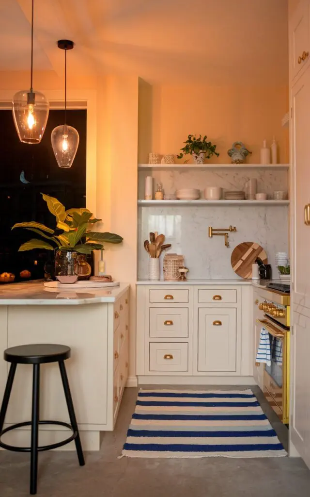 A photo of a girly kitchen with a modern Boho style. The kitchen has a full view of the fully furnished space, including a white cabinet with gold hardware, a marble countertop, a black stool, a plant, and a few decorative items. There is a blue and white striped rug on the floor. The walls are painted in a soft yellow hue. The lighting is warm amber and comes from unique pendant lights above the kitchen island. The background is dark, with a faint silhouette of a building.