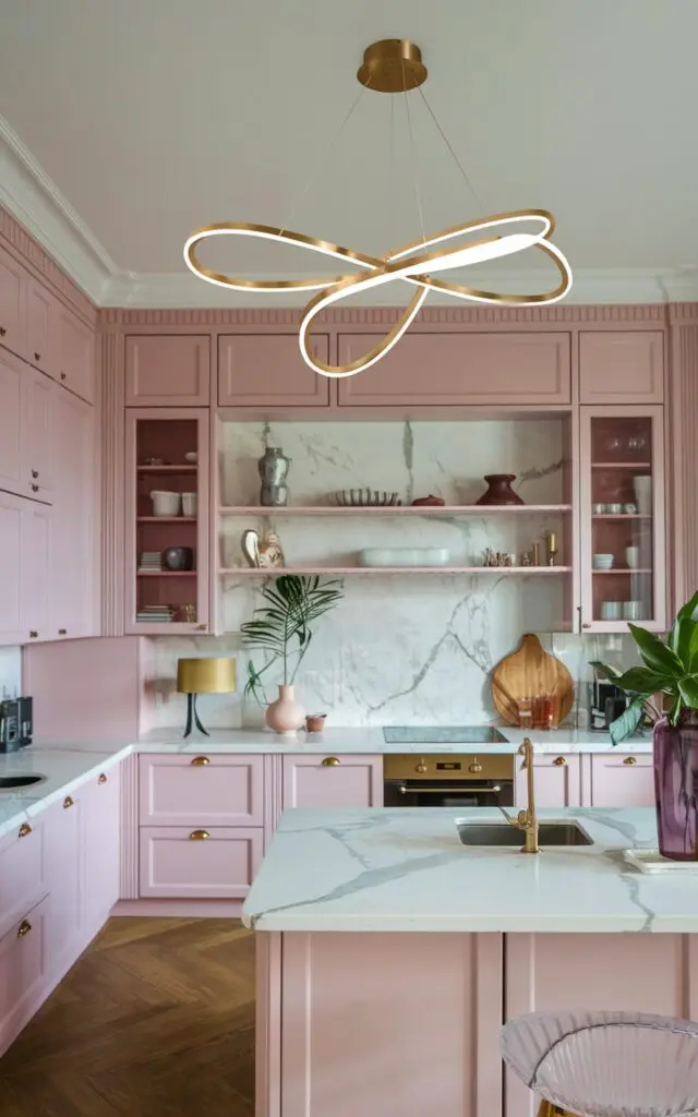 A photo of a luxurious and romantic kitchen with a modern, sleek, feminine chandelier. The space has a mid-century modern touch. There are pink cabinets, a white countertop, and a marble backsplash. There are also a few decorative items, including a vase, a plant, and a lamp. The floor is made of wood.