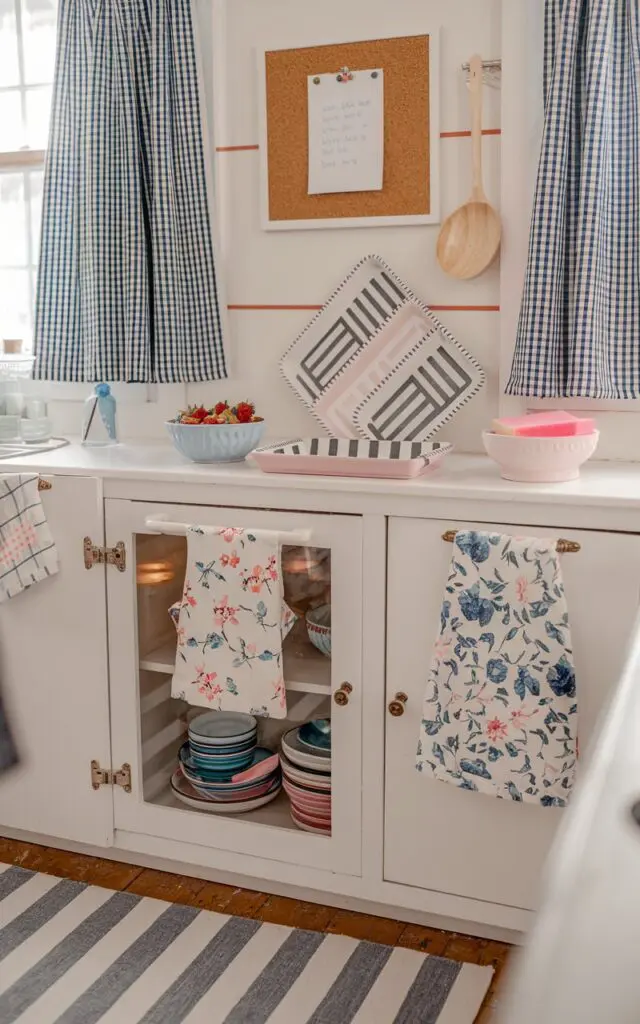 A photo of a girly kitchen with floral dish towels, striped rugs, gingham curtains, and geometric trays. There's a white cabinet with a glass door, containing utensils. On the counter, there's a blue bowl with red strawberries and a white bowl with a pink sponge. There's a corkboard with a note above the cabinet. The floor has a striped rug.