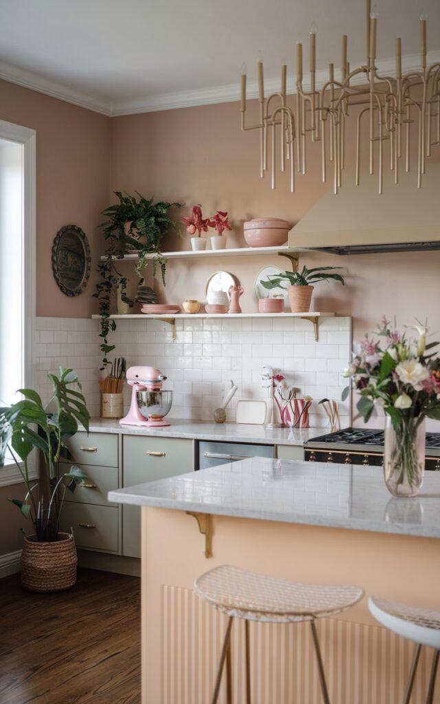 A photo of a girly kitchen with potted plants and a vase with fresh flowers. The space feels luxurious and romantic. The kitchen has a Mid-century Modern touch. There is a pink and green kitchenaid mixer on the countertop. The walls are painted beige. The floor is made of wood.