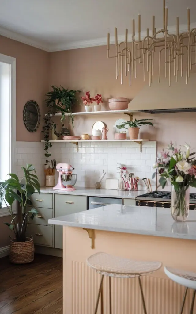 A photo of a girly kitchen with potted plants and a vase with fresh flowers.  The space feels luxurious and romantic. The kitchen has a Mid-century Modern touch. There is a pink and green kitchenaid mixer on the countertop. The walls are painted beige. The floor is made of wood.