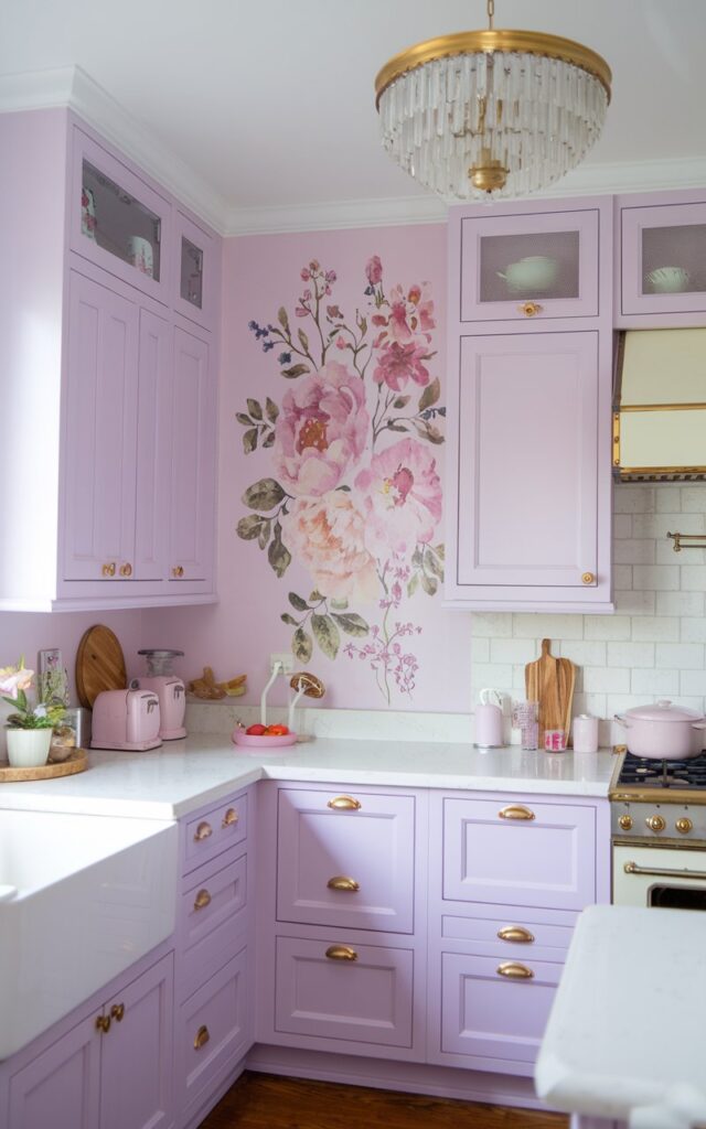 A photo of a girly kitchen with soft lavender cabinets, white countertops, and gold hardware. There is a floral wall decal and a golden chandelier. The natural light is soft and filtered.