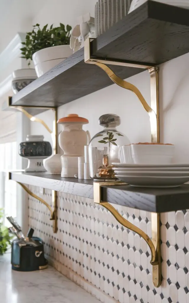 A photo of a glam + cottagecore kitchen with open dark wooden shelves. The shelves have brass designer brackets and are mounted on a contrasting backsplash. The shelves hold essential kitchen items. The photo is a closer view of the shelf and brackets.