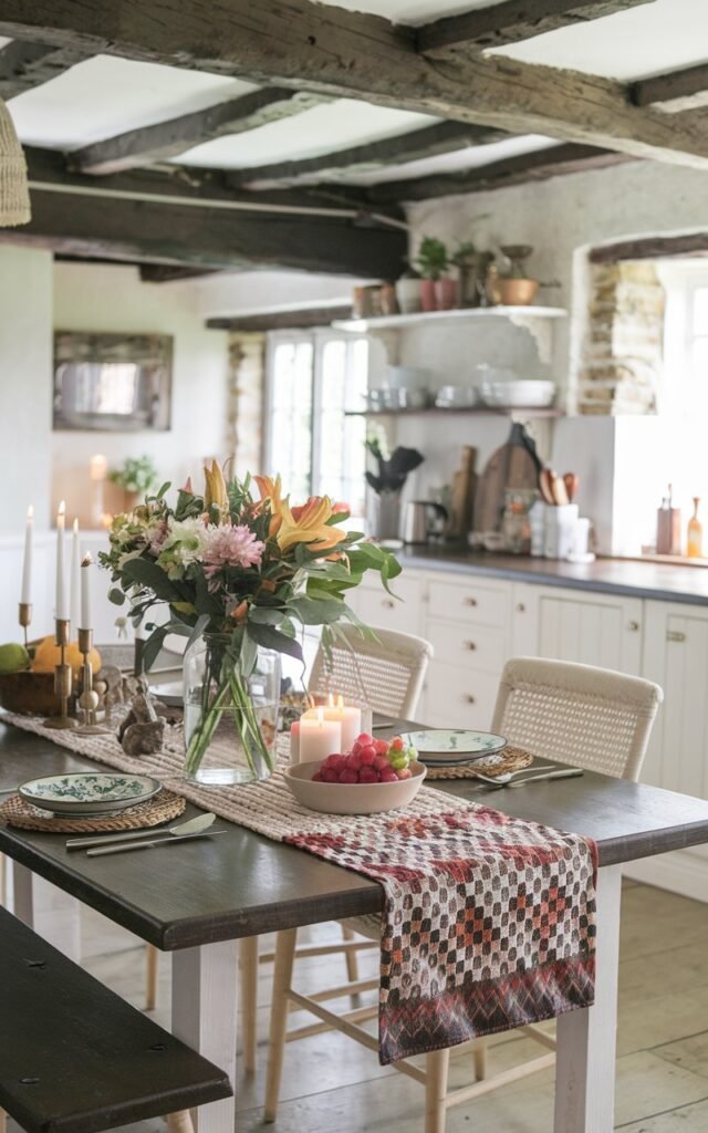 A photo of a glam English countryside kitchen with a dining table. The table has a layered table runner setup, with a small patterned bold colored runner placed above a woven macramé runner. A vase with fresh flowers is placed at the center of the table. There are other essentials on the table, such as candles, a bowl of fruit, and a plate. The kitchen has a rustic charm, with exposed wooden beams and stone walls.