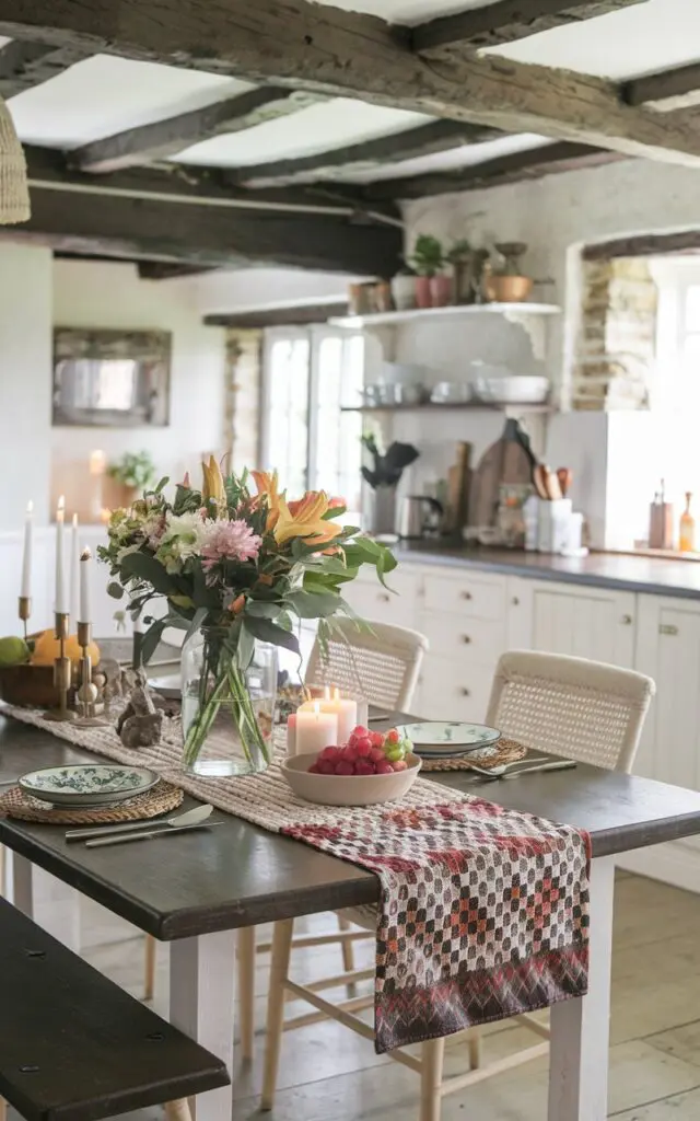 A photo of a glam English countryside kitchen with a dining table. The table has a layered table runner setup, with a small patterned bold colored runner placed above a woven macramé runner. A vase with fresh flowers is placed at the center of the table. There are other essentials on the table, such as candles, a bowl of fruit, and a plate. The kitchen has a rustic charm, with exposed wooden beams and stone walls.