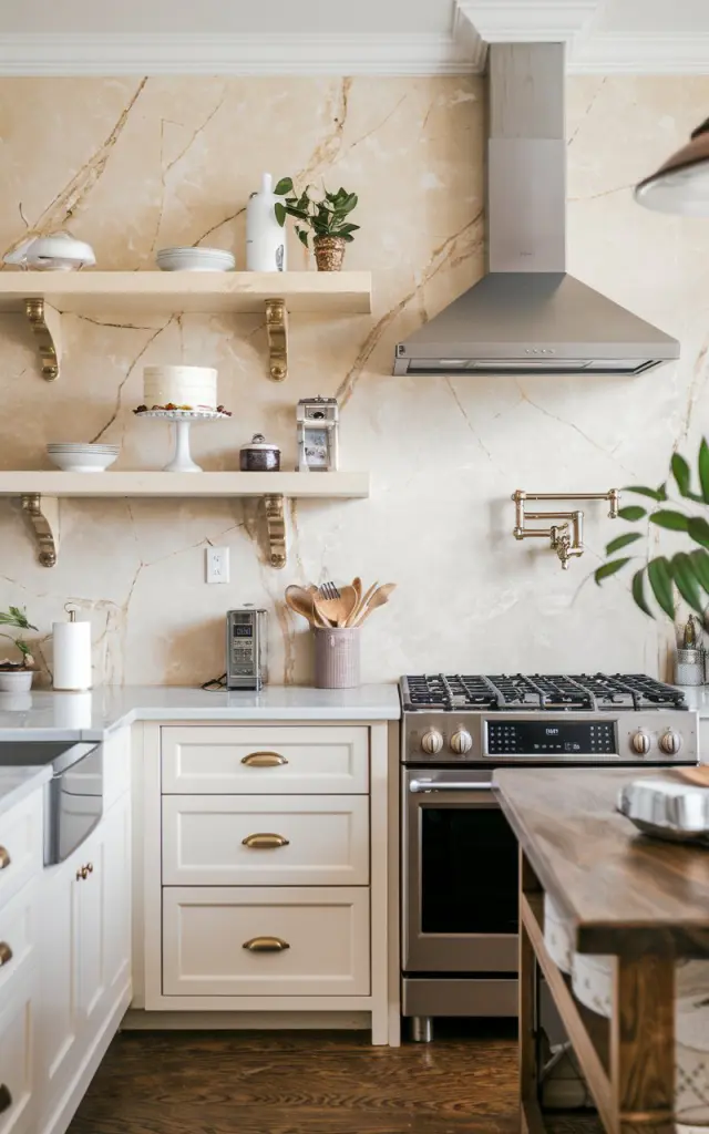 A photo of a fully furnished glam kitchen with beige marble veined backsplash. There are two tier tall open floating shelves with a cake stand, a small appliance, and less-used cutlery. The shelves are placed above a built-in oven and a sink. There is a range hood above the oven. The kitchen has a wooden island with a few items, including a plant. The floor is made of dark wood.